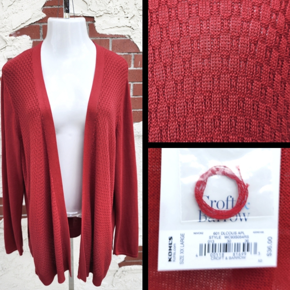 XXL New women KHOL'S cotton modal open knit thin cardigan brick red long sleeve